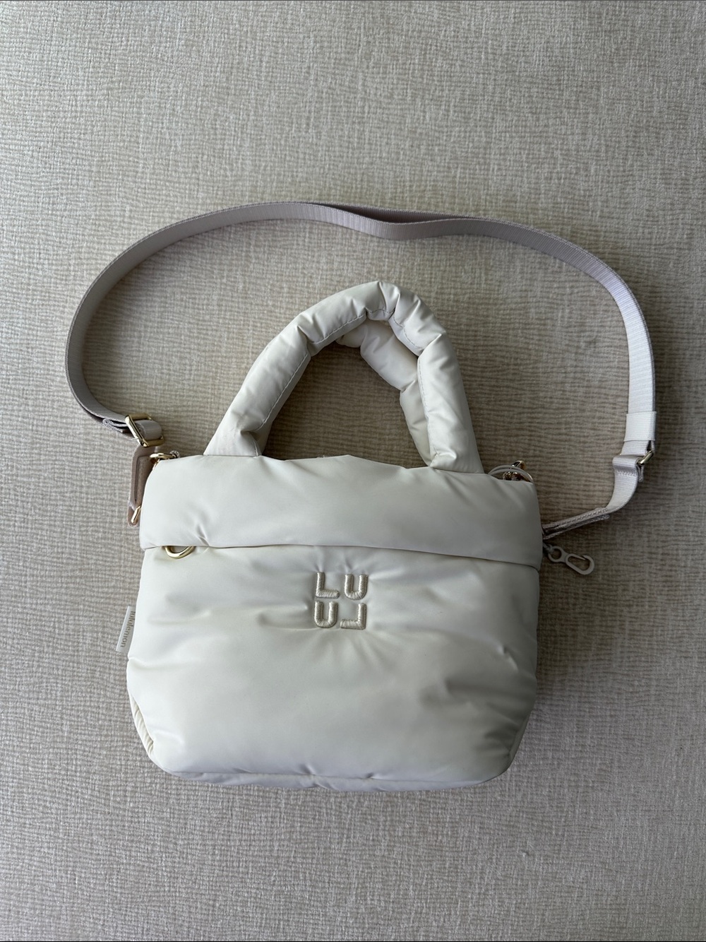 lululemon athletica cream padded mini tote with strap